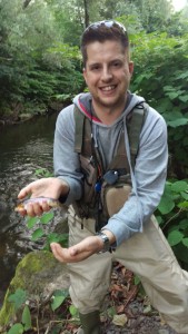 A tiddler of a wild brown trout from the river Cynon August 2016 on fly 